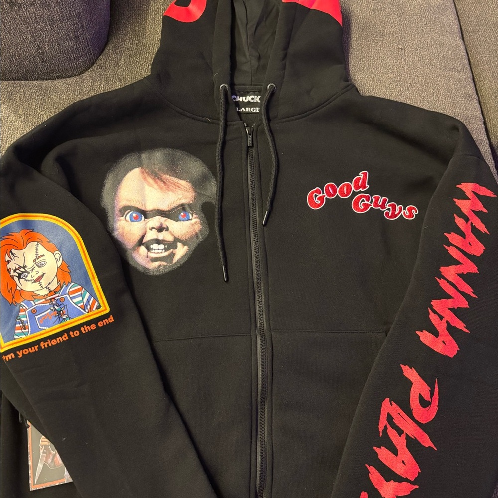 Black Chucky Hoodie with Red Graphics